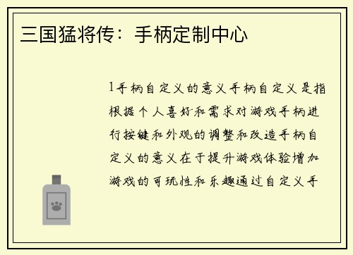 三国猛将传：手柄定制中心